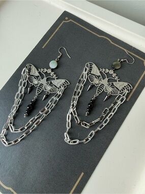 Moth statement earrings black obsidian hematite hanging chains witchy boho festi